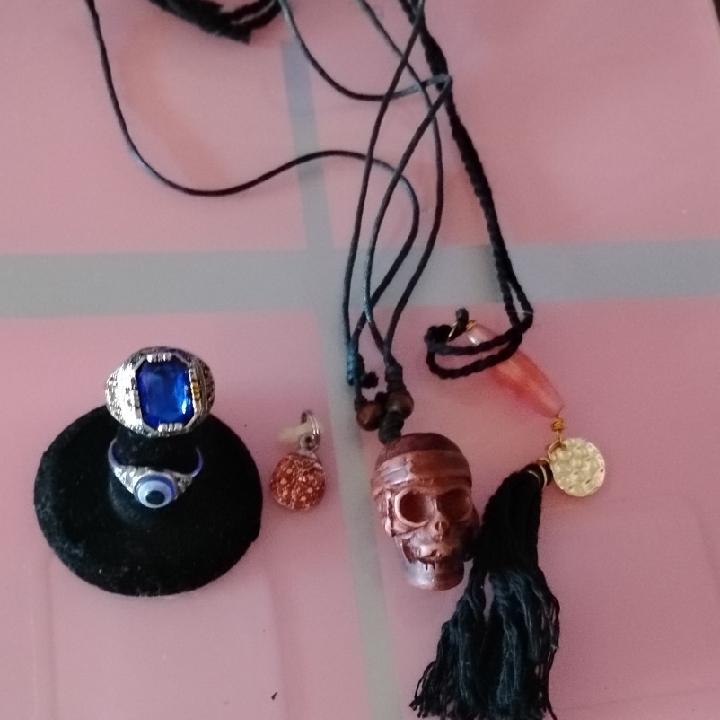 Blue Stone Ring And Skull Pendant Necklace Set